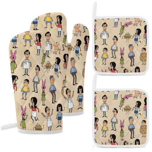 Bob's Happy Family Burgers Oven Mitts and Pot Holders Set Heat Resistant Oven Gloves with Pothholder for Baking, Cooking