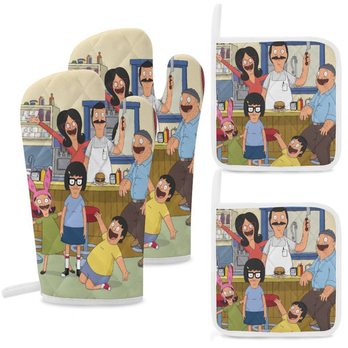 Bob's Happy Family Oven Mitts and Pot Holders Set Heat Resistant Oven Gloves with Pothholder for Baking, Cooking