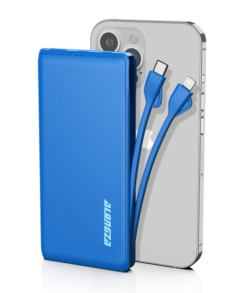 Alongza Portable Charger Power Bank 10000mAh, Portable Charger Built in Cable USB Battery Pack, Slim External Backup Battery Charger with Cable, Travel Charger Compatible with iPhone and Android