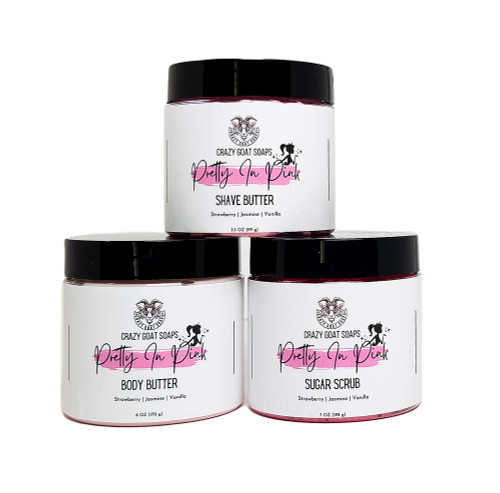 Pretty in Pink Goat Milk Skin Care Set: Sugar Scrub | Body Butter | Shave Butter | Dry and Sensitive Skin Cream | Paraben Free, Non-Greasy. Pretty in Pink Goat Milk Skin Care Set: Sugar Scrub | Body Butter | Shave Butter | Dry and Sensitive Skin Cream | Paraben Free, Non-Greasy.