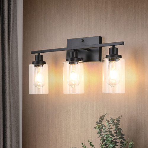 Bathroom Light Fixtures- 3 Light Bathroom Vanity Light- Matte Black Vanity Light Fixture with Clear Glass Shade- Modern Vintage Wall Sconces Lighting Wall Lamp for Mirror,Porch,Hallway,Rooms
