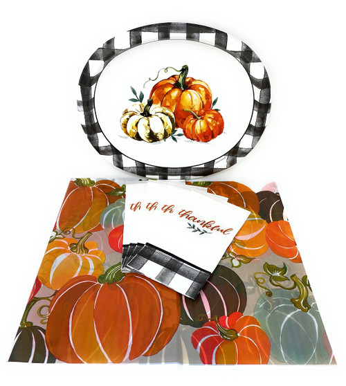 Party Deal Thankful Pumpkins and Leaves Fall Harvest Thanksgiving Holiday Luncheon Dinnerware Disposable Paper Supplies Set - Table Cover, Oval Dinner Plates Napkins Bundle Service for 16 10 in x 12