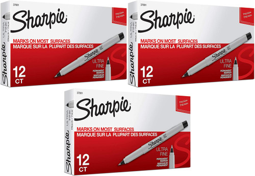 Sharpie Permanent Markers, Ultra Fine Point, Black, 12 Count Pack of 3
