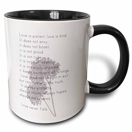 3dRose mug_56229_4"Love is Patient, Love is Kind Verse with Lavender Flowers - Inspirational" Two Tone Black Mug, 11 oz, Multicolor