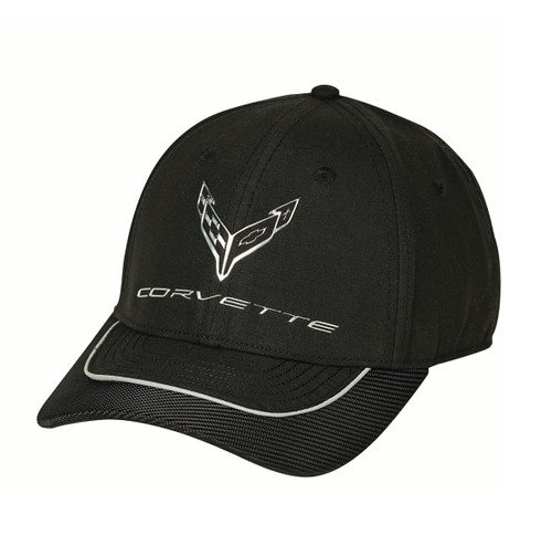 C8 Corvette Hat - Metallic Chrome Crossed Flags Emblem Next Generation Cap - Black for 2020-2024 Corvettes