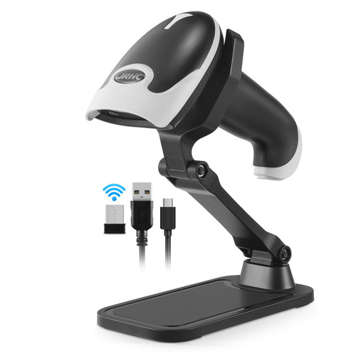 JRHC Wireless 1D 2D Barcode Scanner with Stand, Portable QR Code Scanner 2000mAh Battery Supports Screen Scan Handheld CMOS Image Bar Code Reader with USB Receiver for Computer POS and Warehouse