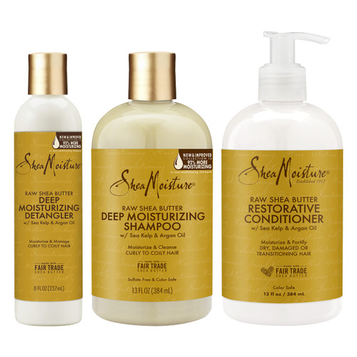 SheaMoisture Deep Moisturizing Hair Care For Curly, Dry and Damaged Hair Raw Shea Butter 3 Count Sulfate Free Shampoo and Conditioner, Hair Detangler with Sea Kelp and Argan Oil SheaMoisture Deep Moisturizing Hair Care For Curly, Dry and Damaged Hair Raw Shea Butter 3 Count Sulfate Free Shampoo and Conditioner, Hair Detangler with Sea Kelp and Argan Oil