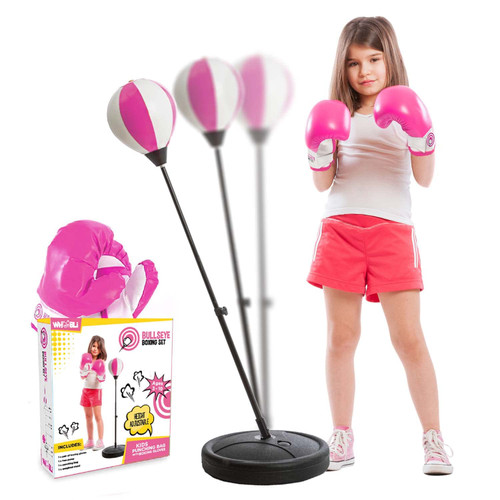 Whoobli Punching Bag for Kids Incl Boxing Gloves | 3-10 Years Old Adjustable Kids Punching Bag with Stand | Boxing Bag Set Toy for Boys & Girls (White Pink)