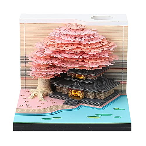 3D Memo Pads Notepad Paper Carving Non-Sticky Notes Convenience Stickers Time Piece Calendar Art Craft Gift for Christmas Housewarming Desktop Decoration (Pink Flower with Light)