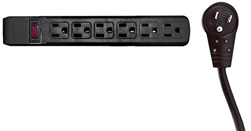 Surge Protector, Flat Rotating Plug, 6 Outlet, Horizontal Outlets, Plastic, Power Cord, 10 Feet, Black