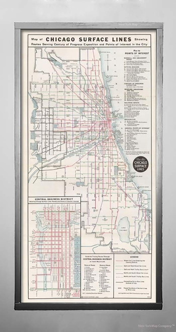 Map|Chicago Transit s, Chicago Surface Line 1934 Transit/RR|Historic Antique Vintage Reprint|Size: 12x24|Ready to Frame