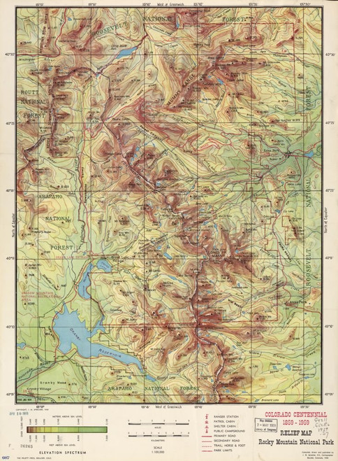 Vintage 1959 Map of Relief map, Rocky Mountain National Park : Colorado centennial, 1859-1959 Colorado, Rocky Mountain National Park, United States Vintage 1959 Map of Relief map, Rocky Mountain National Park : Colorado centennial, 1859-1959 Colorado, Rocky Mountain National Park, United States
