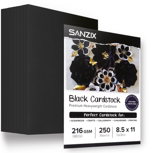 SANZIX 250 Sheets Black Cardstock 8.5 x 11 Inch Thick Paper, 80lb. 216 GSM Heavy Weight Printer Paper, Cardstock for Invitations, Menus, Calligraphy, Stationery Printing, Scrapbook, Crafts, DIY Cards