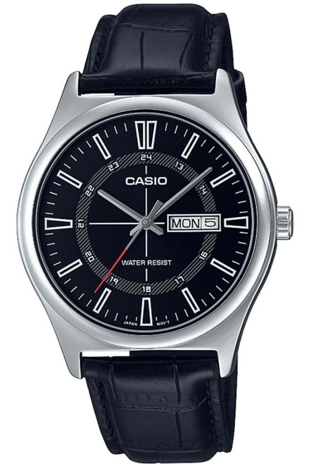 Casio MTP-V006L-1C Men's Leather Band 24 Hour Black Index Dial Day Date 3-Hand Analog Watch