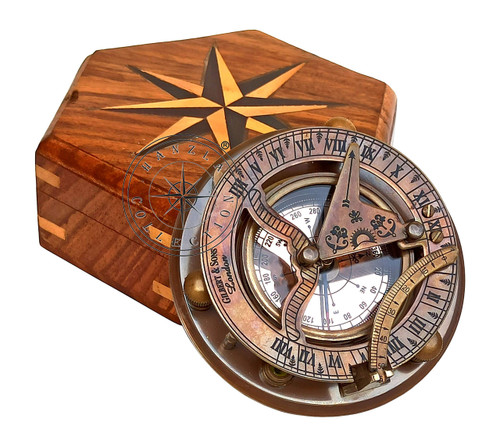 Hanzla Collection Antique Brass Sundial Compass with Wooden Box and Chart | Working Compass | Gilbert & Sons London Sun Clock Decorations Ship Replica Watch