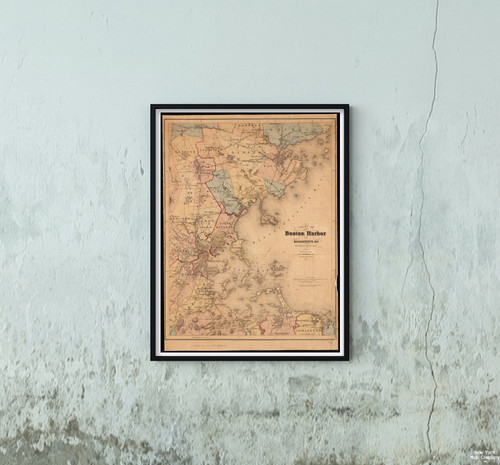 1865 Map|Boston Harbor|Chart of Boston Harbor and Massachusetts Bay : with of The Adjacent Count|Historic Antique Vintage Reprint|Ready to Frame