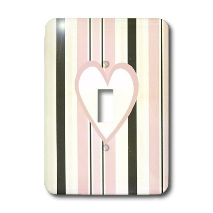 3dRose lsp_38118_1" White Heart On Black and Pink Stripes" Single Toggle Switch