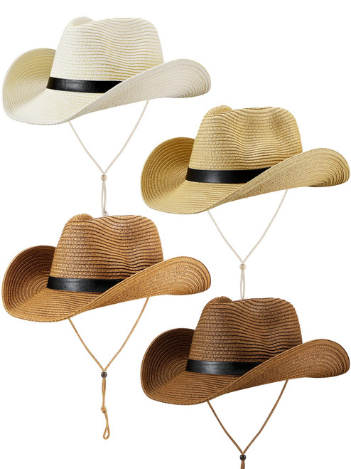 4 Pcs Summer Western Straw Cowboy Hat for Women Men Garden Straw Fishing Hat for Men Shapeable Floppy Sun Cowgirl Hat Beach Wide Brim Cowgirl Hat Straw Cowboy with Wind Lanyard, 4 Color