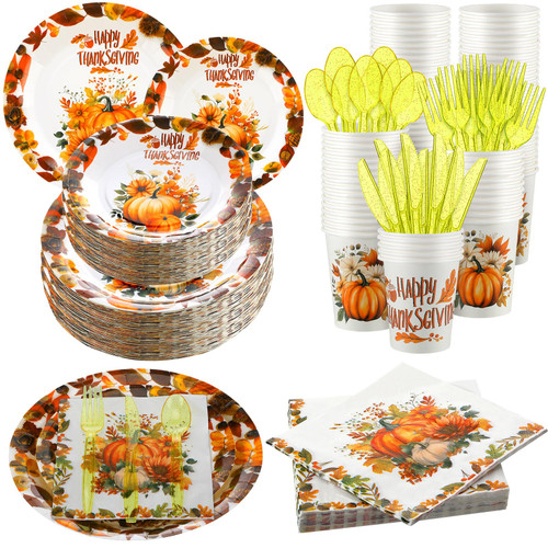 Uiifan 50 Set 400 Pcs Thanksgiving Party Supplies Pumpkin Autumn Thanksgiving Disposable Dinnerware Set for 50 Guests Fall Party Tableware Includes Paper Plates Napkins Cups Plastic Forks Knives Spoon