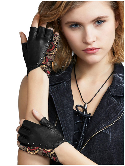 FIORETTO Womens Fingerless Leather Gloves Unlined Genuine Leather Sheepskin Half Finger Gloves for Driving Black-Red Small