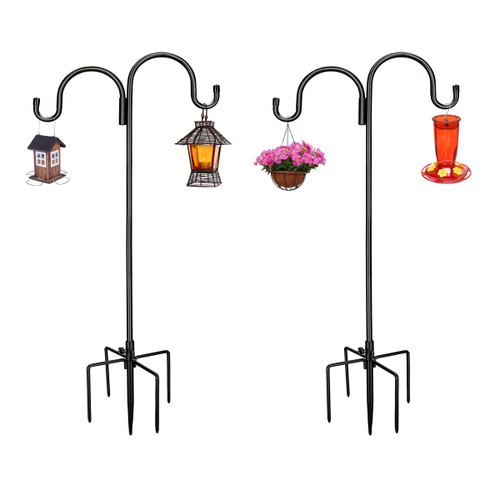 Kingsyard 2 Pack Double Shepherd Hooks for Outdoor - 76" Heavy Duty Bird Feeder Pole with 5-Prong Base, Adjustable Garden Pole for Hanging Bird Feeders Plants Solar Light Lantern, Black