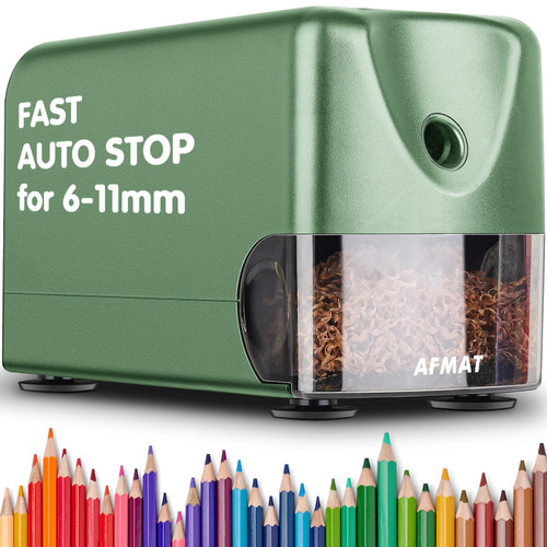 AFMAT Heavy Duty Electric Pencil Sharpener, Classroom Pencil Sharpeners for 6-11mm No.2/Colored Pencils, Pencil Sharpener for Large Pencils, Auto Stop, Sharp Point, Save Pencils, Green