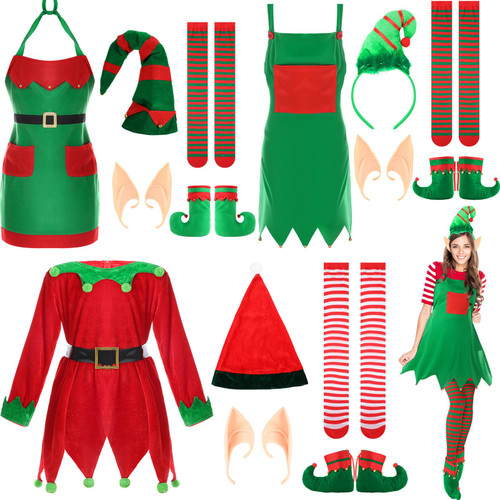 Suhine 15 Pcs Women's Christmas Elf Costumes Christmas Elf Costume Set Santa Costume Elf Hat Shoe Covers Socks Felt Stripe Stocking Elf Ears Apron Skirt Set Christmas Party Cosplay Costume Accessory