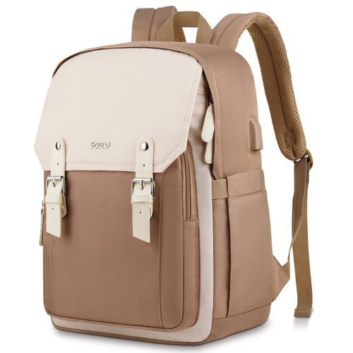 RJEU Laptop Backpack 15.6in,Women Bookbag Collge School Bag for Teen Girl,Aesthetic Backpack for Travel Camping,Mochilas Escolares,Khaki Beige