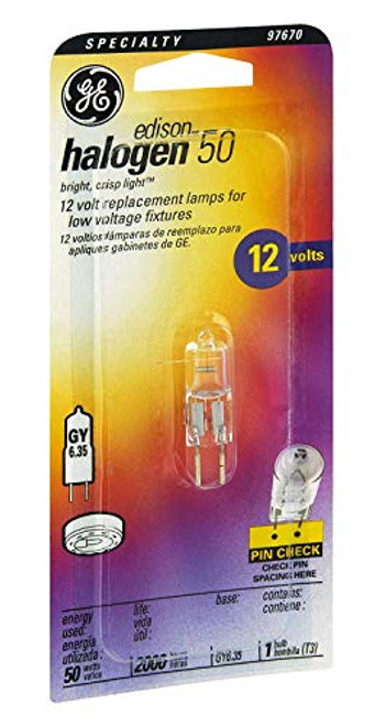 Ge Quartz Halogen Light Bulb 50 W 950 Lumens T3 Gy6.35 1-3/4 In. Clear Carded Ge Quartz Halogen Light Bulb 50 W 950 Lumens T3 Gy6.35 1-3/4 In. Clear Carded