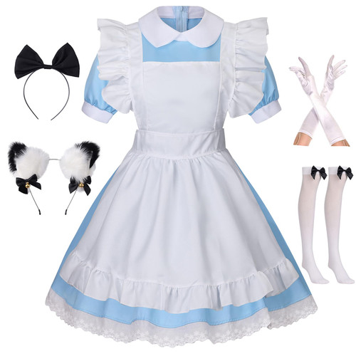 GRAJTCIN French Maid Costume Womens Anime Cosplay Lolita Maid Outfit Halloween Dress Up Apron Cat Ear Headband Socks (L, Blue)