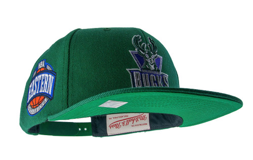 Mitchell & Ness Milwaukee Bucks Conference Patch Side Logo Snapback Adjustable Hat Cap - Green Mitchell & Ness Milwaukee Bucks Conference Patch Side Logo Snapback Adjustable Hat Cap - Green