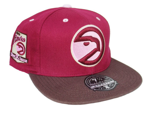 Mitchell & Ness Atlanta Hawks Brown Sugar Bacon 2.0 Fitted Size 7 1/2 25th Anniversary Side Logo Hat Cap - Maroon Brown and Pink Mitchell & Ness Atlanta Hawks Brown Sugar Bacon 2.0 Fitted Size 7 1/2 25th Anniversary Side Logo Hat Cap - Maroon Brown and Pink