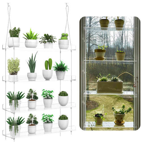 Hanging Clear Plant Shelves for Windows, 4-Tier Acrylic Window Wall Plant Stand Shelf for Kitchen Window Indoor Gardens, Flower, Succulents, Herb, Seedling Organization, and Plants Pots Display