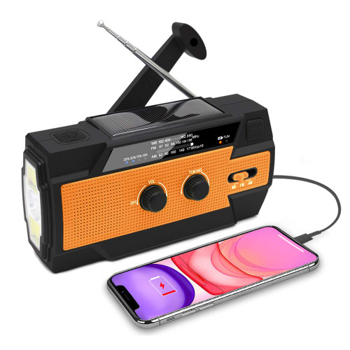 Emergency Radio Hand Crank Solar, Portable AM/FM/SW NOAA Weather Radio, 4000mAh Cell Phone Charger, SOS Alarm with 1W LED Flashlight Motion Sensor Reading Lamp for Camping and Emergencies (Orange)