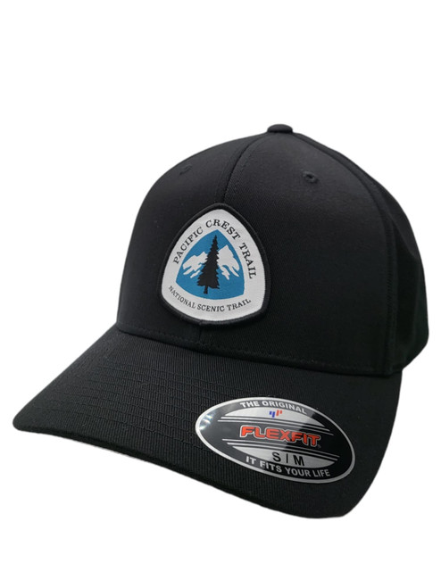 Pacific Crest Trail Flexfit Mens Hats with Woven PCT Patch Oregon Washington California Hiking Backpacking Cap(Black, S/M)