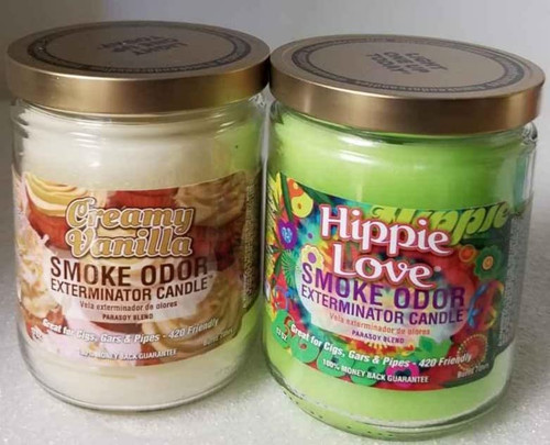 Smoke Odor Exterminator 13 oz Jar Candles Assortment Two Fragrances Bundle Creamy Vanilla & Hippie Love.