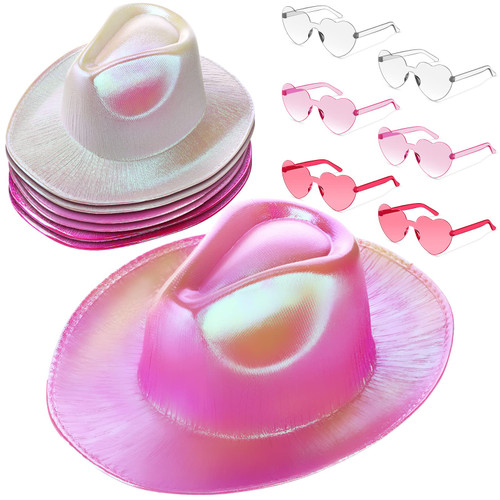 Zhanmai 6 Sets Holographic Cowboy Hat Neon Space Cowgirl Hat with Sunglasses Glitter Cowboy Hat for Women Men Costume Party (Rose, Pink, Clear) Zhanmai 6 Sets Holographic Cowboy Hat Neon Space Cowgirl Hat with Sunglasses Glitter Cowboy Hat for Women Men Costume Party (Rose, Pink, Clear)