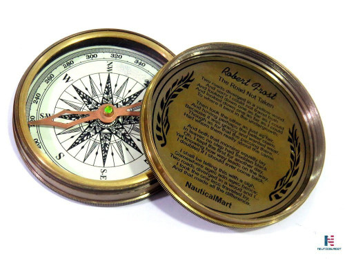 NauticalMart Antique Brass Marine Compass Robert Frost Poem Compass