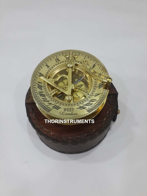 Solid Brass Round Sundial Compass with Design Rosewood Box, Brass Rustic Vintage Home Decor