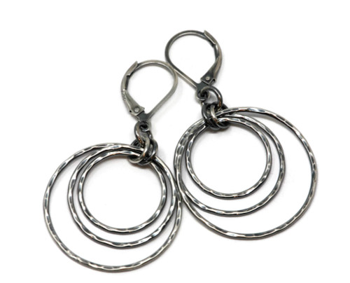 Salish Sea Inspirations Sterling Silver Three Hoop Earrings 1 Inch Diameter Leverback Hammer Textured Gunmetal Finish