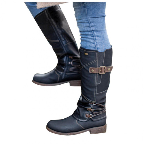 Boots for Women Low Heels,Women's Wide Mid Calf Boots Chunky Heels Metal Buckle Side Zipper Fashion Winter Boots Black