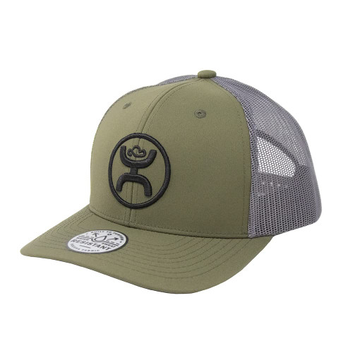 HOOEY O Classic 6-Panel Adjustable Trucker Hat w/Logo (Olive/Grey)