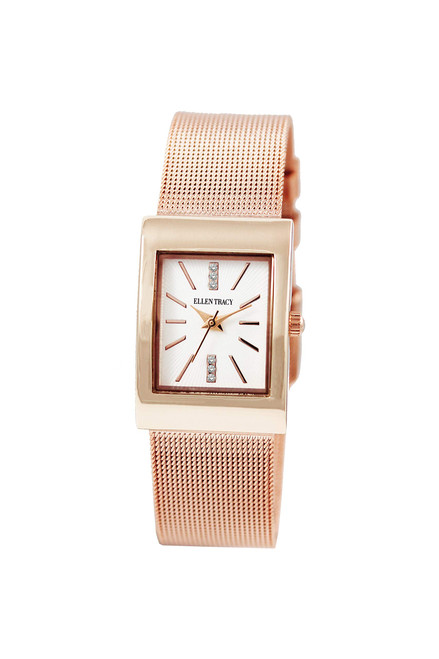 Ellen Tracy Womens Rose Gold Tone Rectangle Mesh Band Watch Rose Gold Tone
