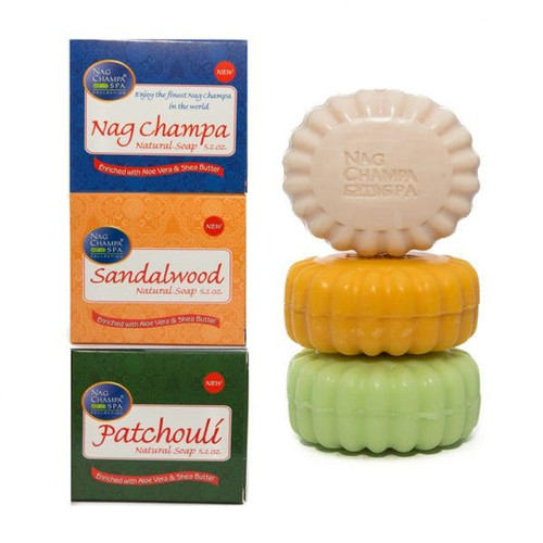 NAG CHAMPA SOAP GIFT SET- 6 LARGE BARS. 2 EACH NAG CHAMPA, SANDALWOOD AND PATCHOULI. 6 Bars- 5.2 Oz. (150 Gms) Each