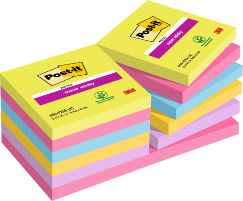 Post-it Super Sticky Notes Assorted Colours, Pack of 12 Pads, 90 Sheets per Pad, 76 mm x 76 mm - Extra Sticky Notes for Note Taking & to Do Lists