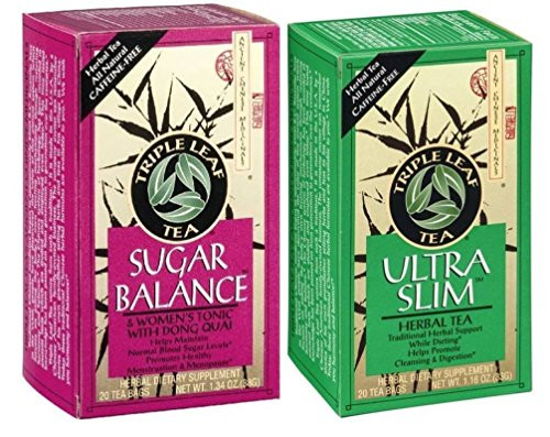 Triple Leaf Caffeine Free Herbal Tea 2 Flavor Variety Bundle: (1) Triple Leaf Sugar Balance & Women's Tonic Tea (20 count), and (1) Triple Leaf Ultra Slim Tea (20 Count)