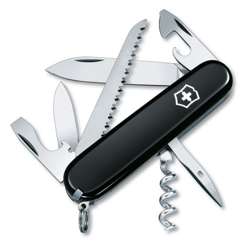 Victorinox Camper Swiss Army Knife, 13 Function Swiss Made Pocket Knife with Large Blade, Screwdriver, Tweezers and Key Ring - Black