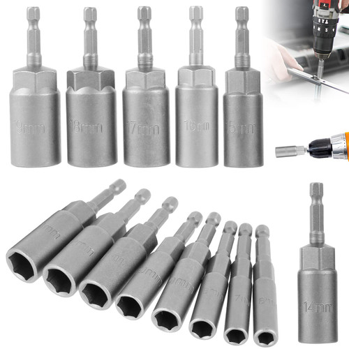 [-] 14pcs Magnetic Hexagonal Sockets Set 6-19mm Deep Socket Adapter Set Hex Shank Nut Driver Bits Set Quick Change Nut Setter Drill Bit Set for Drill Electric Screwdriver Handle Tools [-](Length 80mm)
