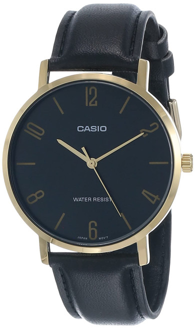 Casio MTP-VT01GL-1B2 Men's Minimalistic Gold Tone Black Leather Band Black Dial 3-Hand Analog Watch
