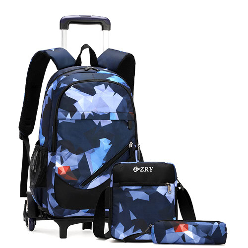 LANSHIYA 3Pcs Kids Rolling Backpack Blue Geometric with Wheels Trolley School Bag Set for Boys